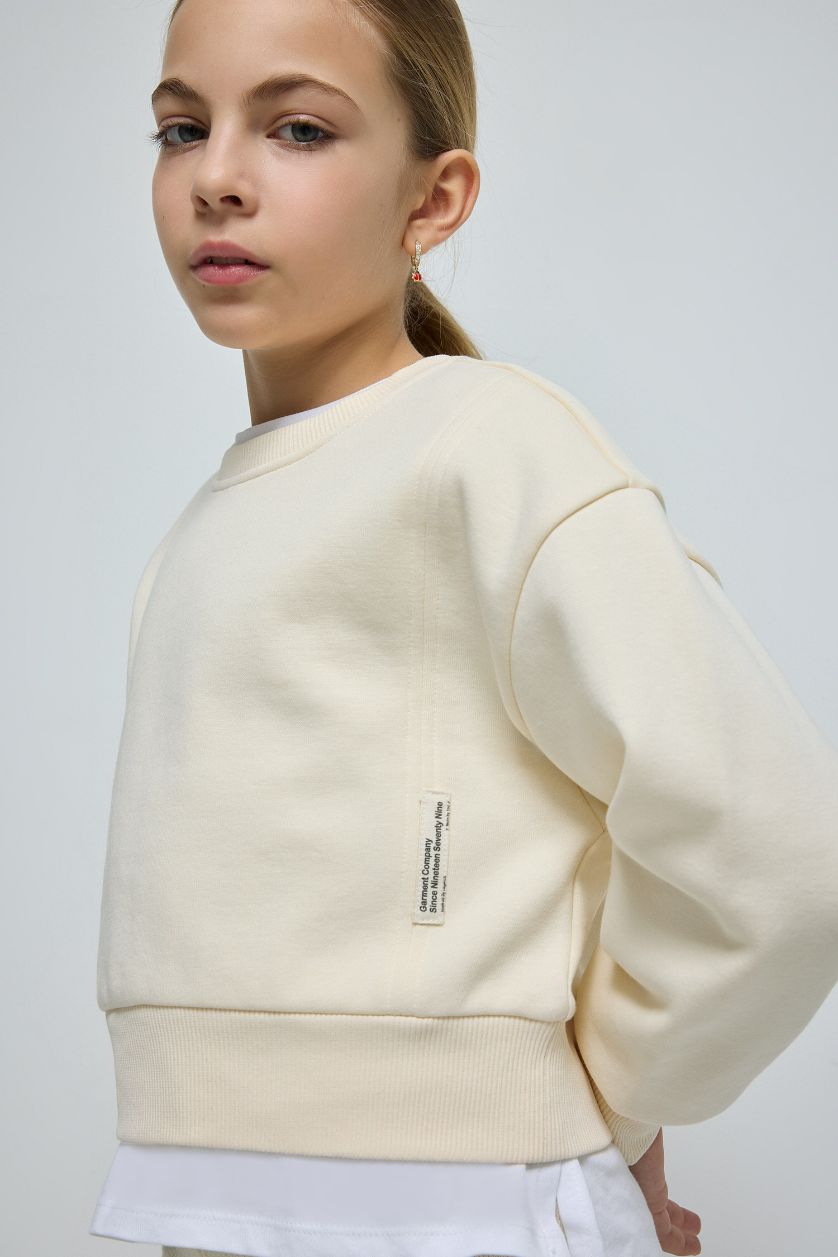 Kız Çocuk - Genç Kız Bej Relax Fit Bisiklet Yaka Basic Düz İçi Yumuşak Tüylü Sweatshirt Kız Çocuk