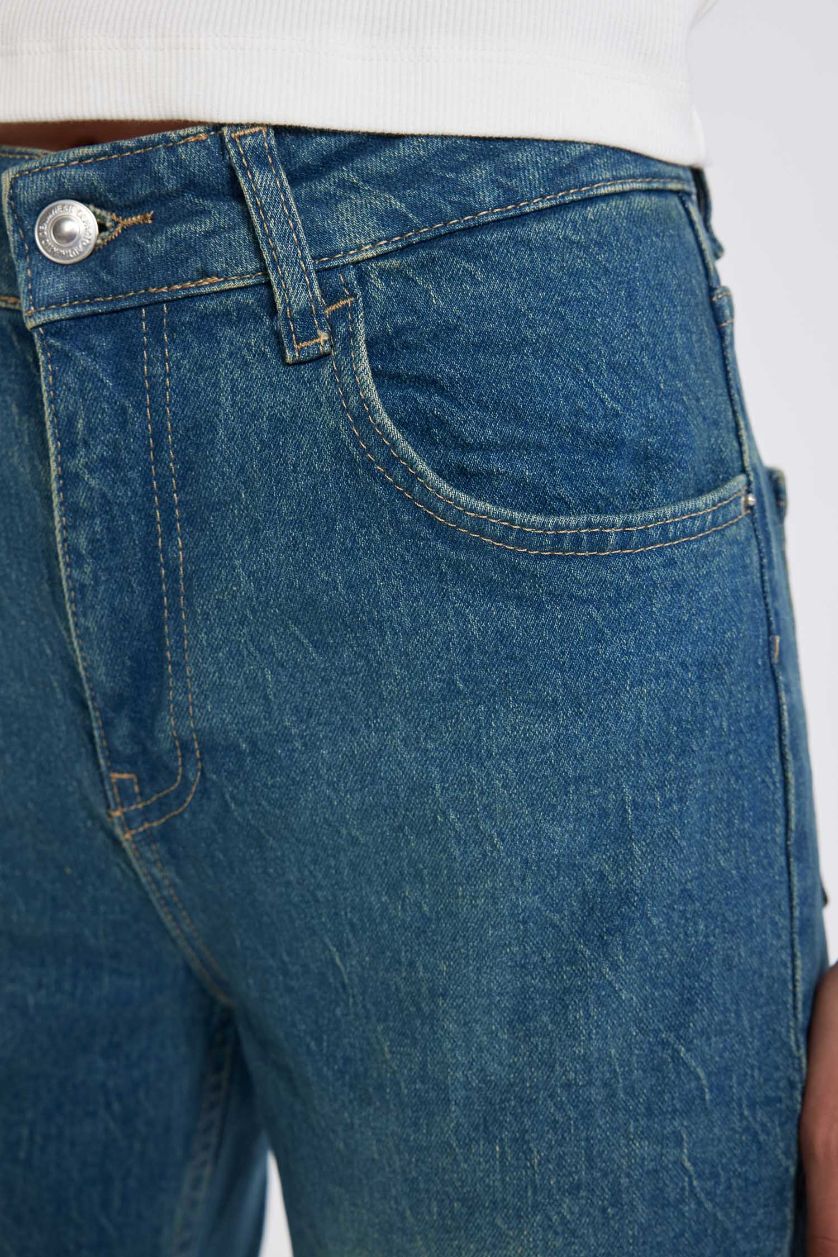 Kadın Mavi Comfort Mom Yüksek Bel Uzun Jean Yıkamalı Pantolon