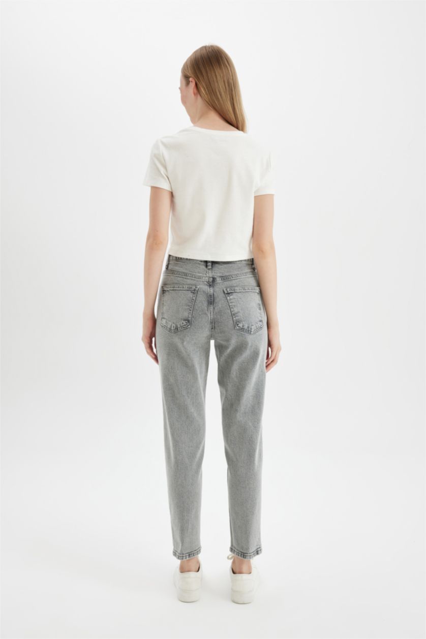 Kadın Gri Comfort Mom Fit Rahat Kalıp Yüksek Bel Bilek Boy Jean Yıkamalı Pantolon