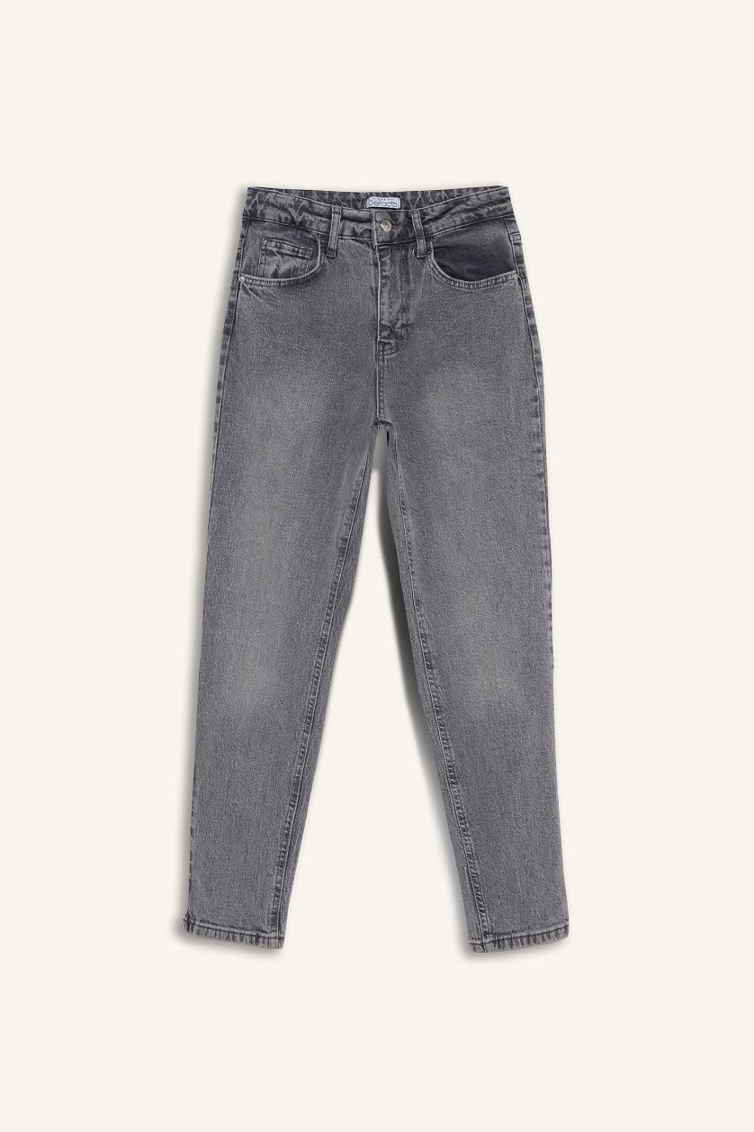 Kadın Gri Comfort Mom Fit Rahat Kalıp Yüksek Bel Bilek Boy Jean Yıkamalı Pantolon