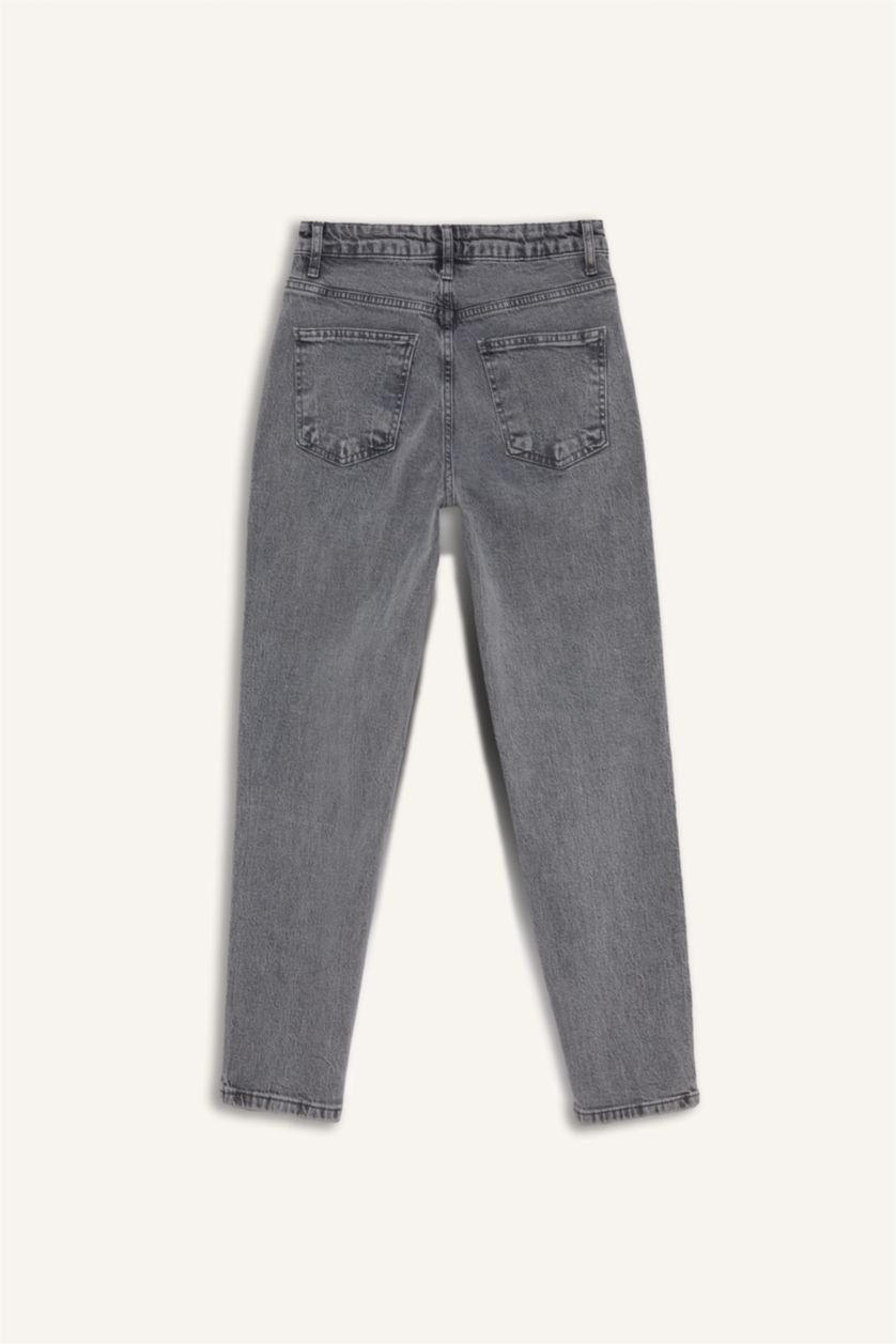 Kadın Gri Comfort Mom Fit Rahat Kalıp Yüksek Bel Bilek Boy Jean Yıkamalı Pantolon