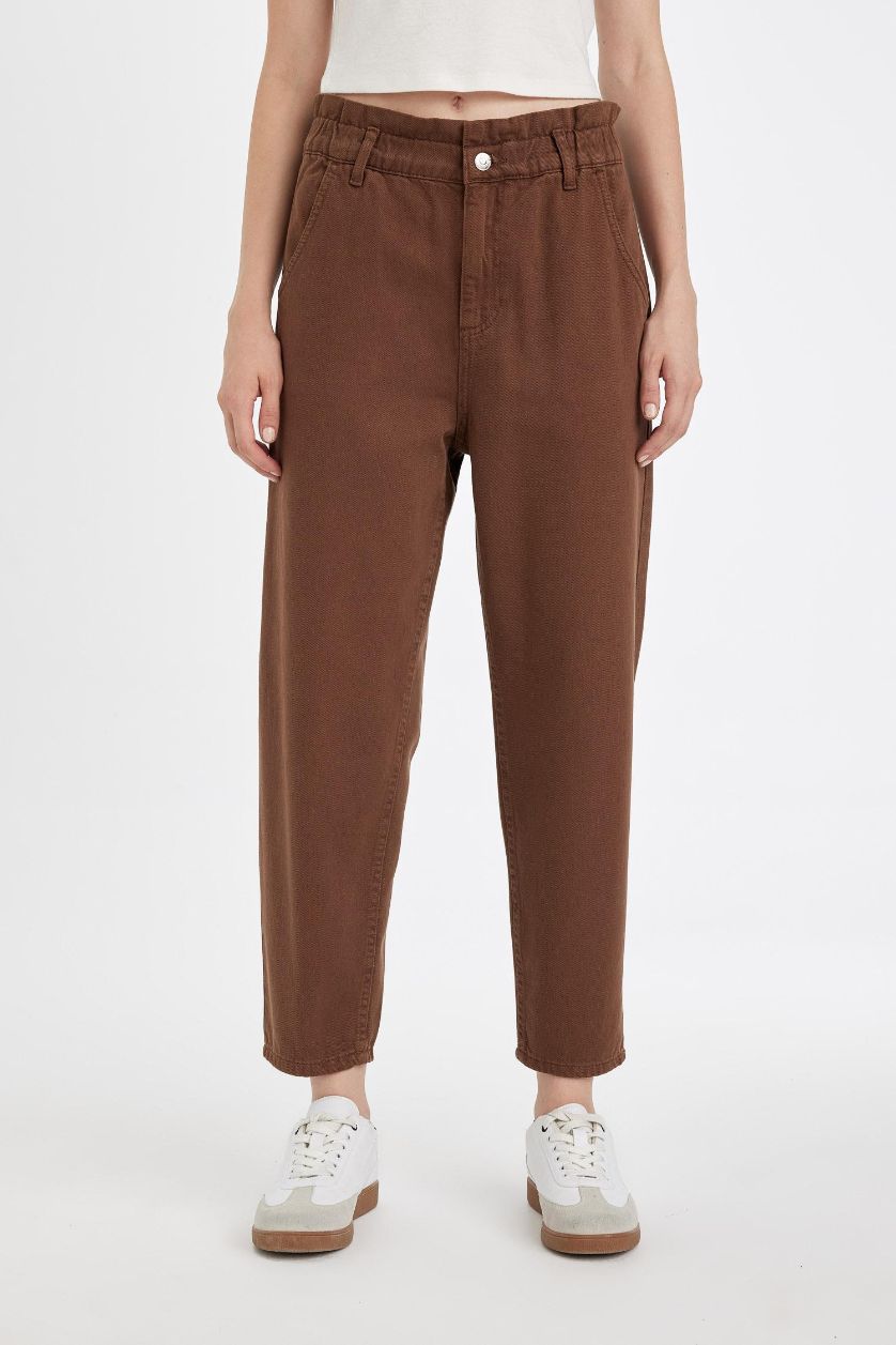 Kadın Kahve Paperbag Yüksek Bel Rahat Kesim Hafif Düz Paça Bilek Boy Jean Pantolon