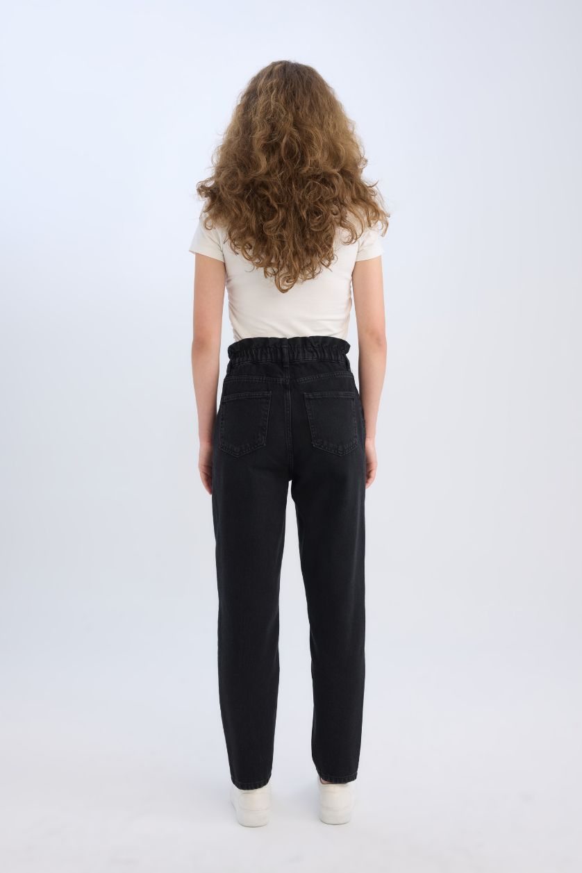 WOMAN Black Paperbag Elastic Waist Ankle Length Jeans