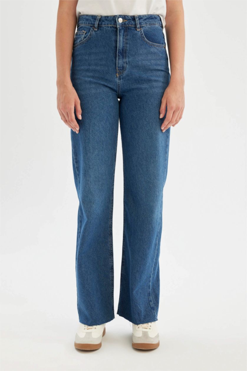 Kadın Mavi 90's Wıde Leg Yüksek Bel Uzun Jean Yıkamalı Pantolon