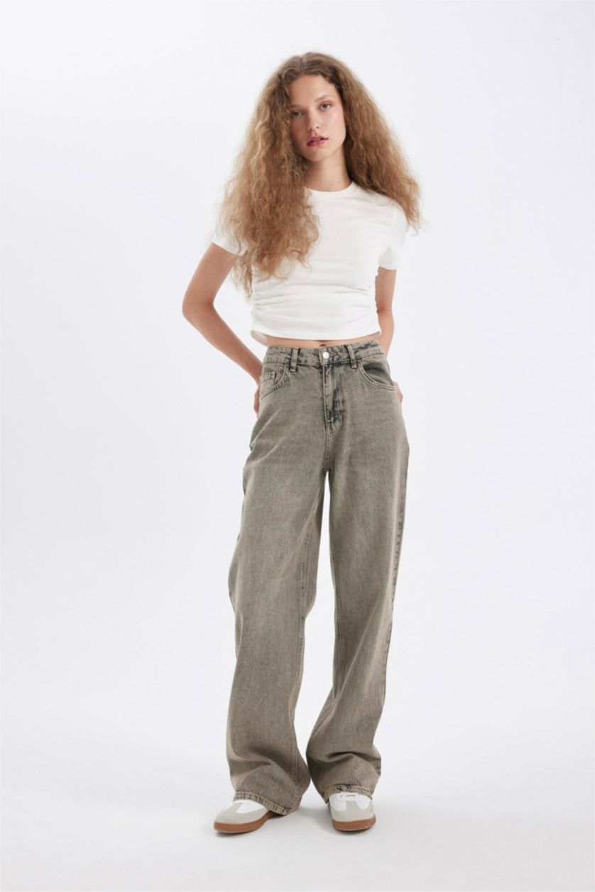 Kadın Gri Straight Wide Yüksek Bel Uzun Jean Yıkamalı Pantolon