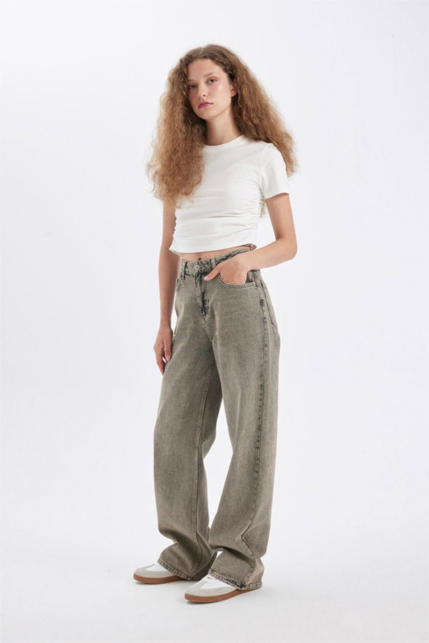 Kadın Gri Straight Wide Yüksek Bel Uzun Jean Yıkamalı Pantolon