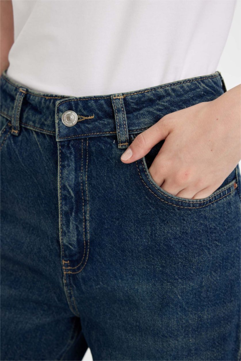 نساء أزرق سروال جينز واسع برجل واسع وخصر عالي