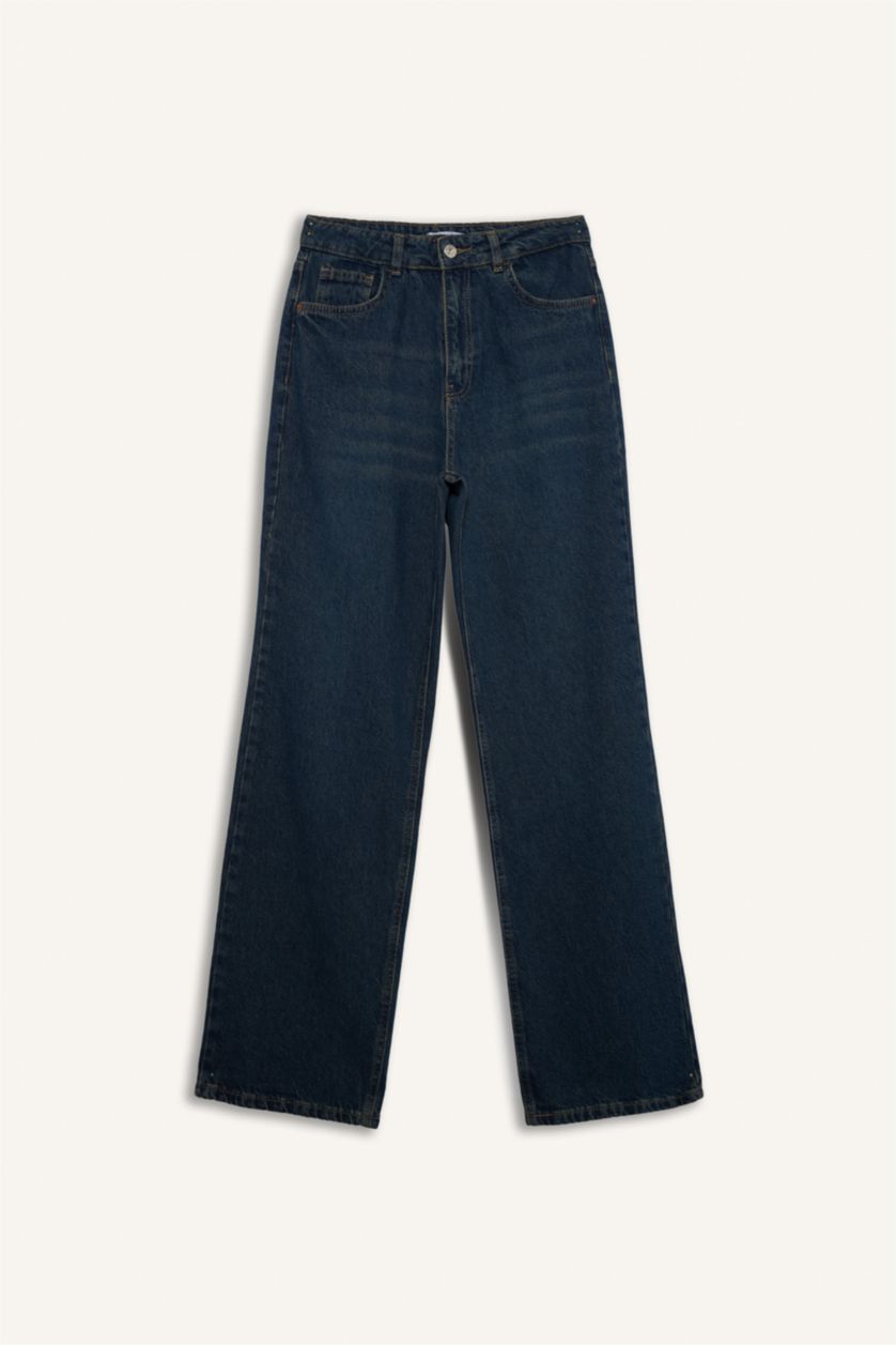 نساء أزرق سروال جينز واسع برجل واسع وخصر عالي