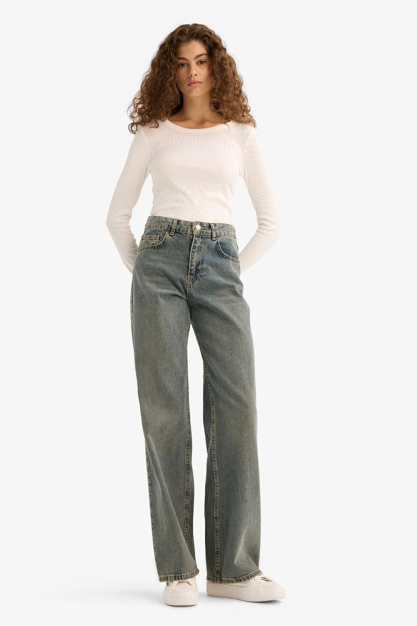 WOMAN Blue Straight Wide High Waist Long Washed Jeans