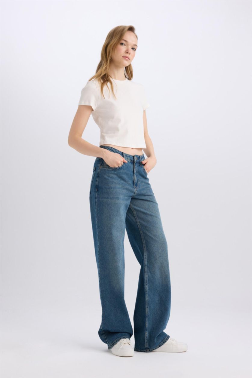 Kadın Mavi Yüksek Bel Straıght Wıde Pantolon