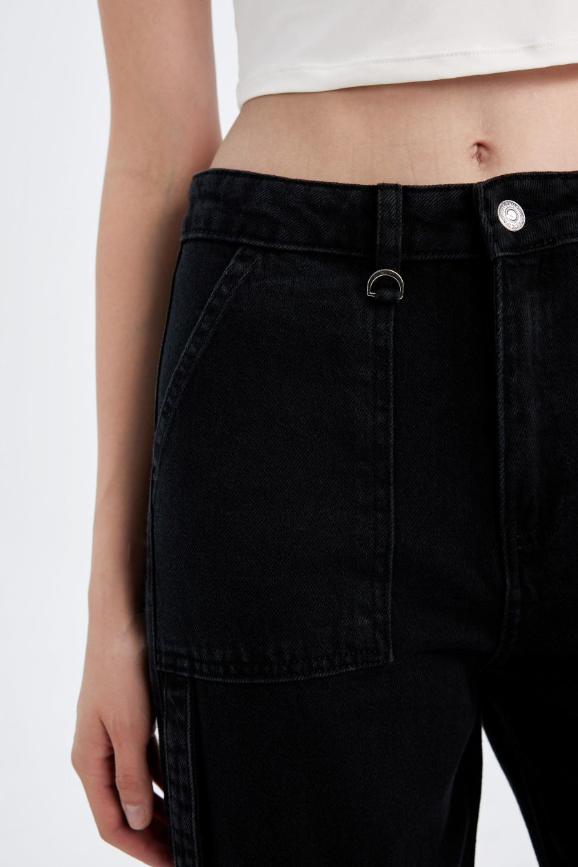 Kadın Siyah Wide Leg Kargo Yüksek Bel Uzun Jean Pantolon