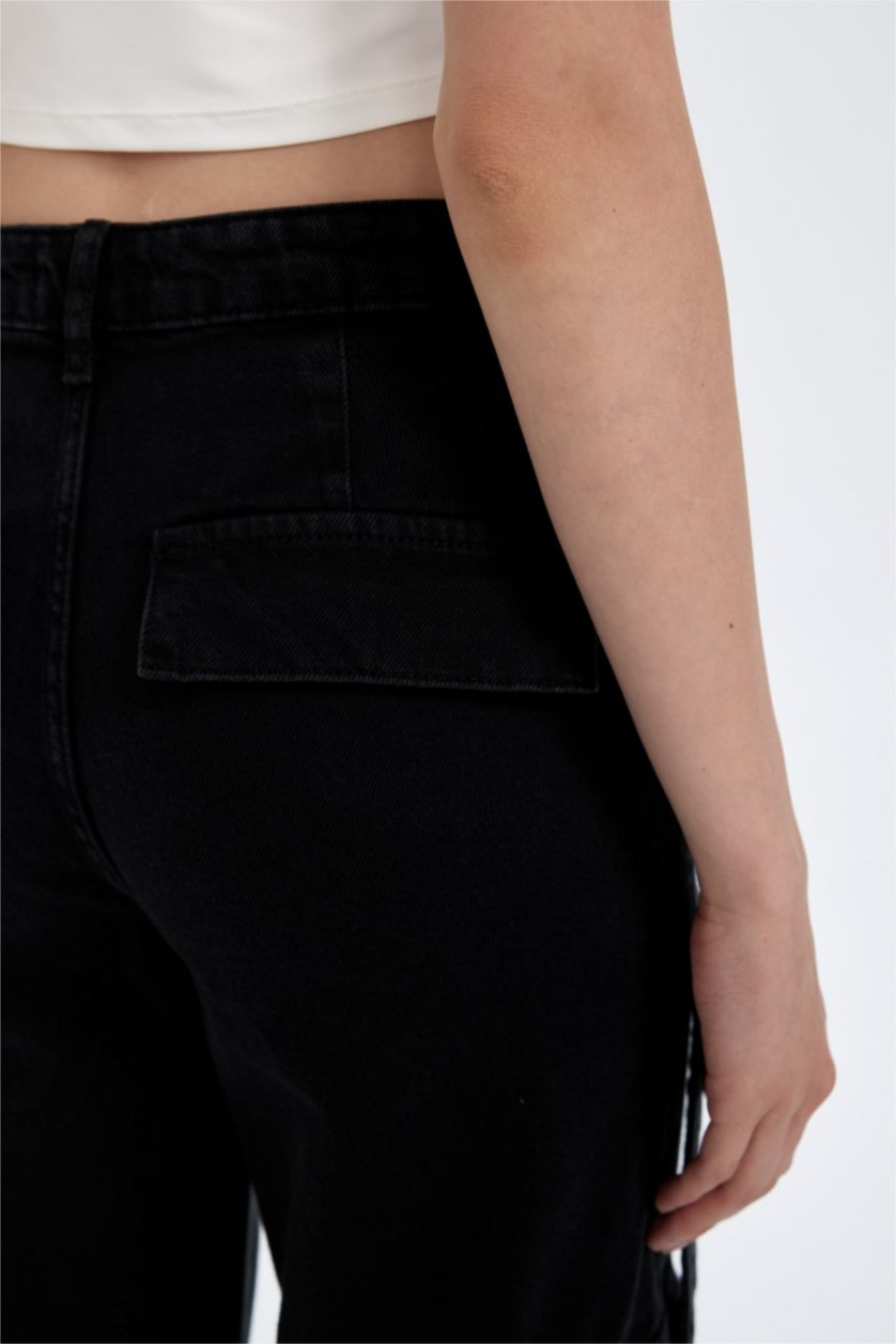 Kadın Siyah Wide Leg Kargo Yüksek Bel Uzun Jean Pantolon