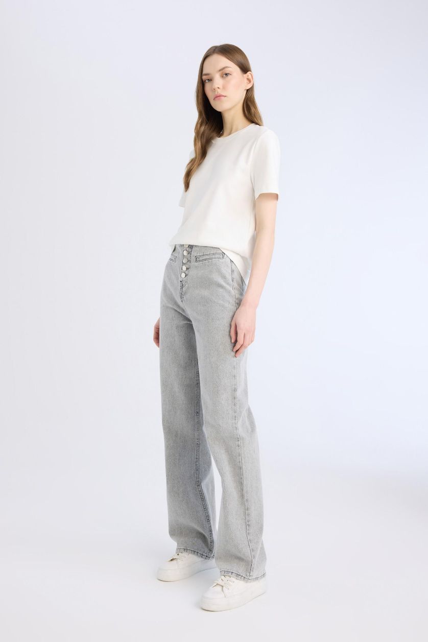 حريمي رمادي بنطلون جينز وايد ليج برجل واسع وخصر عالي