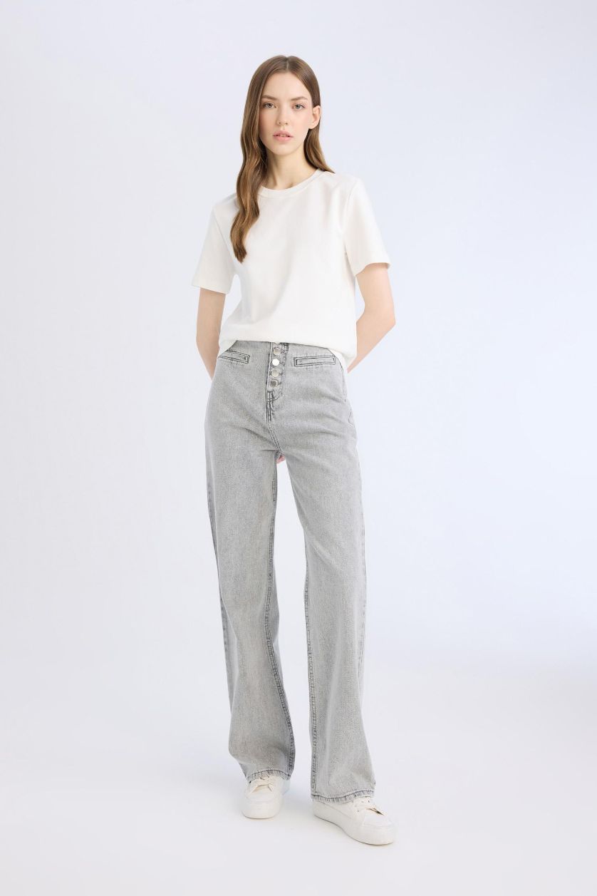 حريمي رمادي بنطلون جينز وايد ليج برجل واسع وخصر عالي