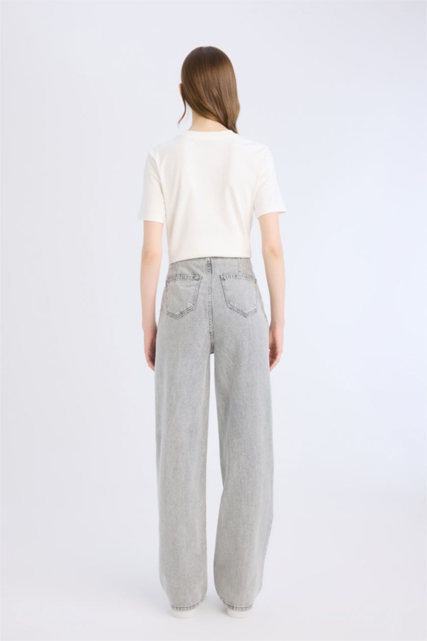 حريمي رمادي بنطلون جينز وايد ليج برجل واسع وخصر عالي