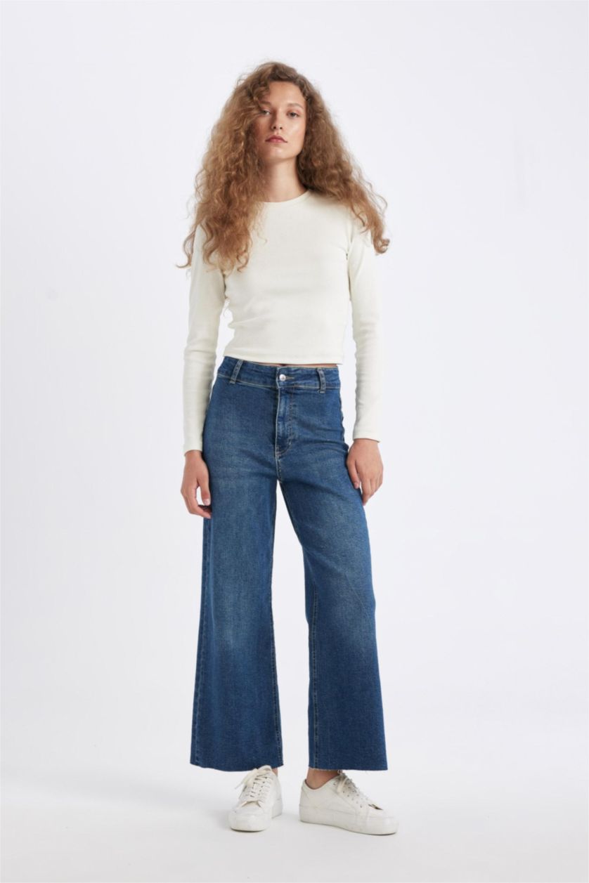 Kadın Koyu Mavi Culotte Yüksek Bel Kısa Geniş Paça  Jean Yıkamalı Pantolon