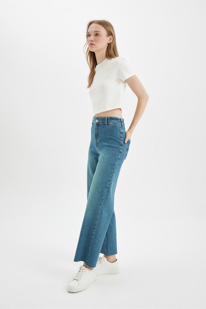 WOMAN Light Indigo Culotte High Waist Ankle Length Washed Jeans