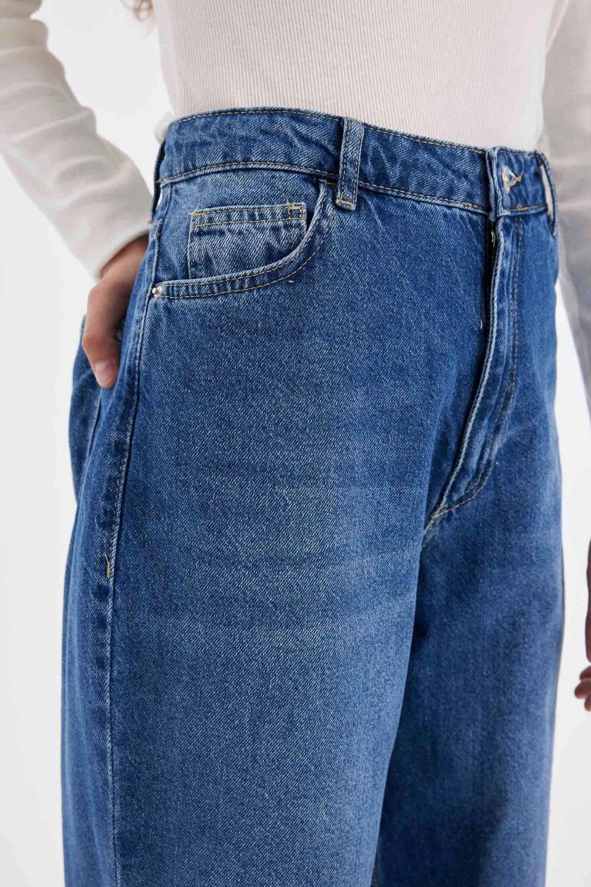 Kadın Koyu Mavi Baggy Fıt Yüksek Bel Uzun Jean Yıkamalı Pantolon