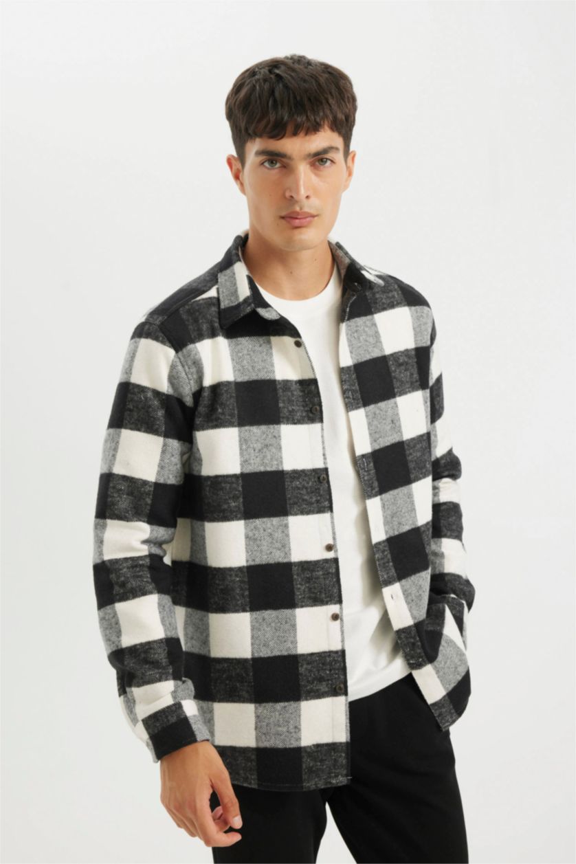 Erkek Siyah Regular Fit Düğmeli Polo Yaka Dama Desenli Oduncu Flanel Uzun Kollu Gömlek