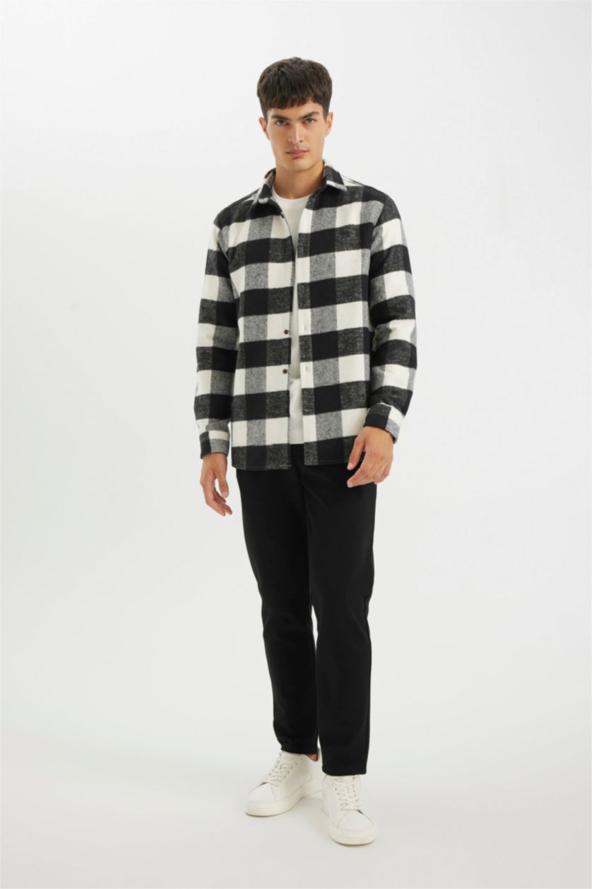 Erkek Siyah Regular Fit Düğmeli Polo Yaka Dama Desenli Oduncu Flanel Uzun Kollu Gömlek