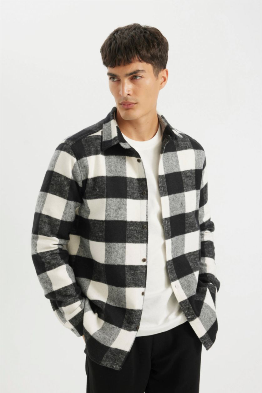 Erkek Siyah Regular Fit Düğmeli Polo Yaka Dama Desenli Oduncu Flanel Uzun Kollu Gömlek