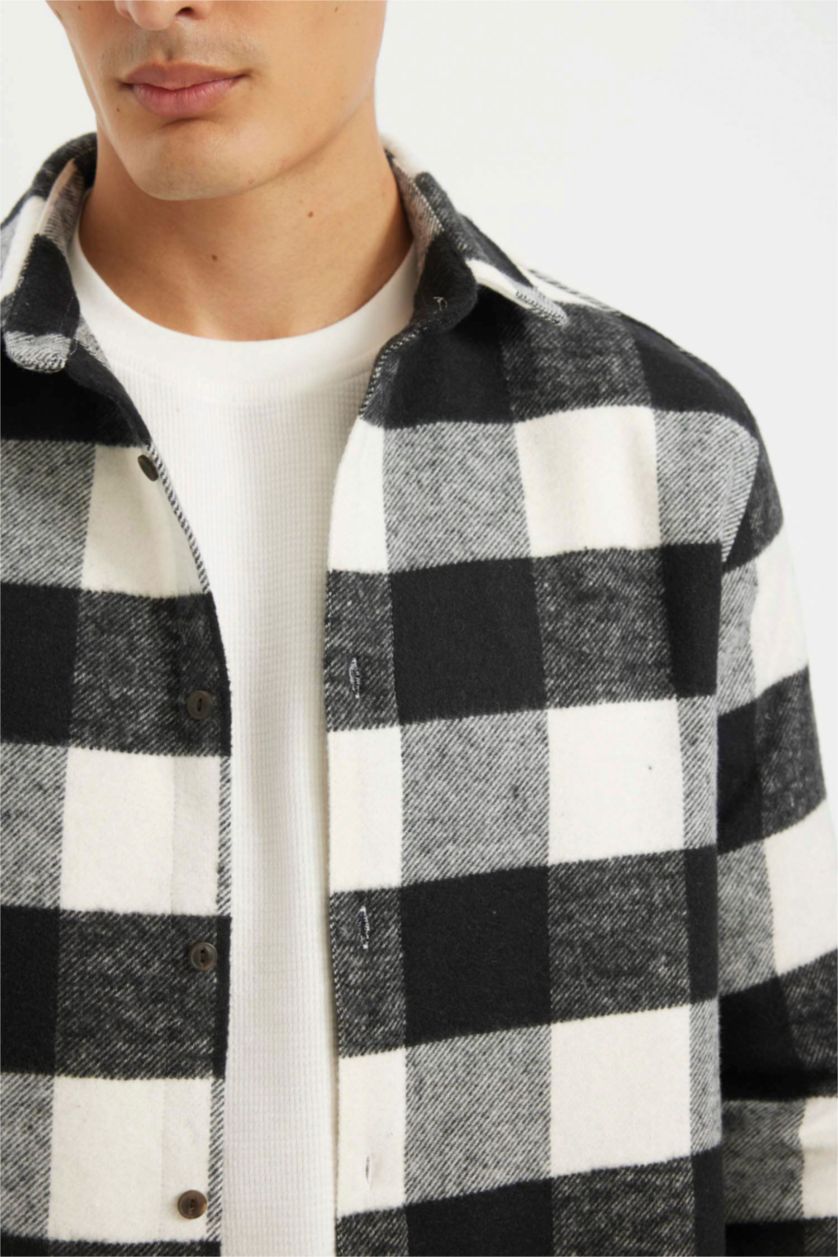 Erkek Siyah Regular Fit Düğmeli Polo Yaka Dama Desenli Oduncu Flanel Uzun Kollu Gömlek