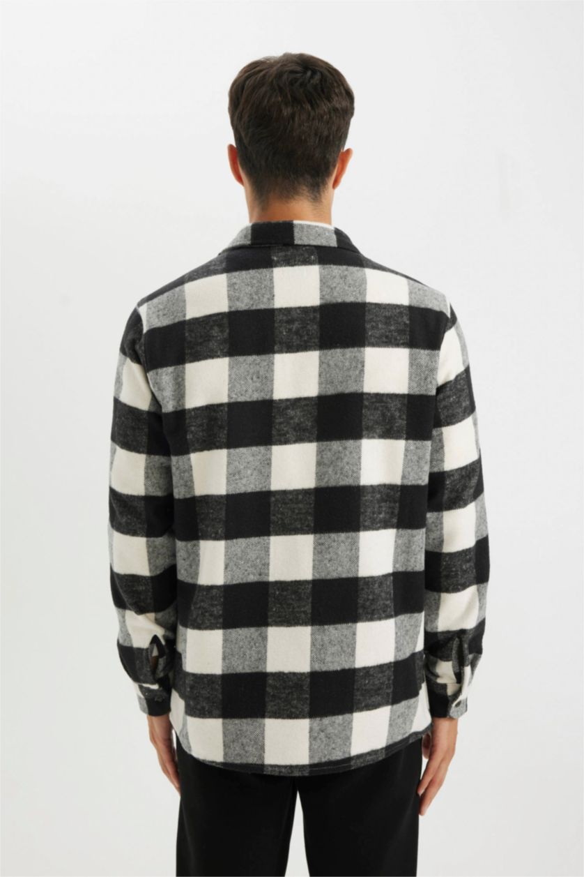 Erkek Siyah Regular Fit Düğmeli Polo Yaka Dama Desenli Oduncu Flanel Uzun Kollu Gömlek