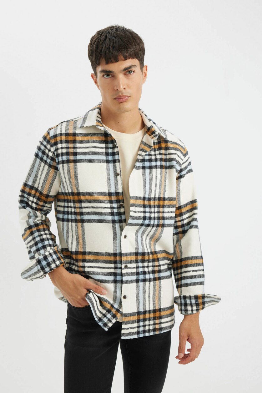 Erkek Ekru Regular Fıt Flanel