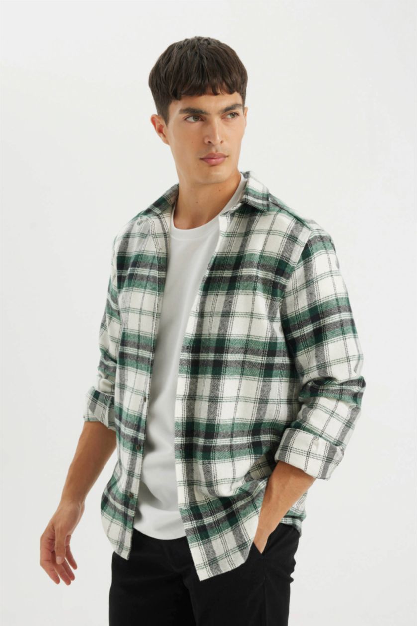 Erkek Koyu Yeşil Regular Fit Düğmeli Polo Yaka Kareli Oduncu Flanel Uzun Kollu Gömlek