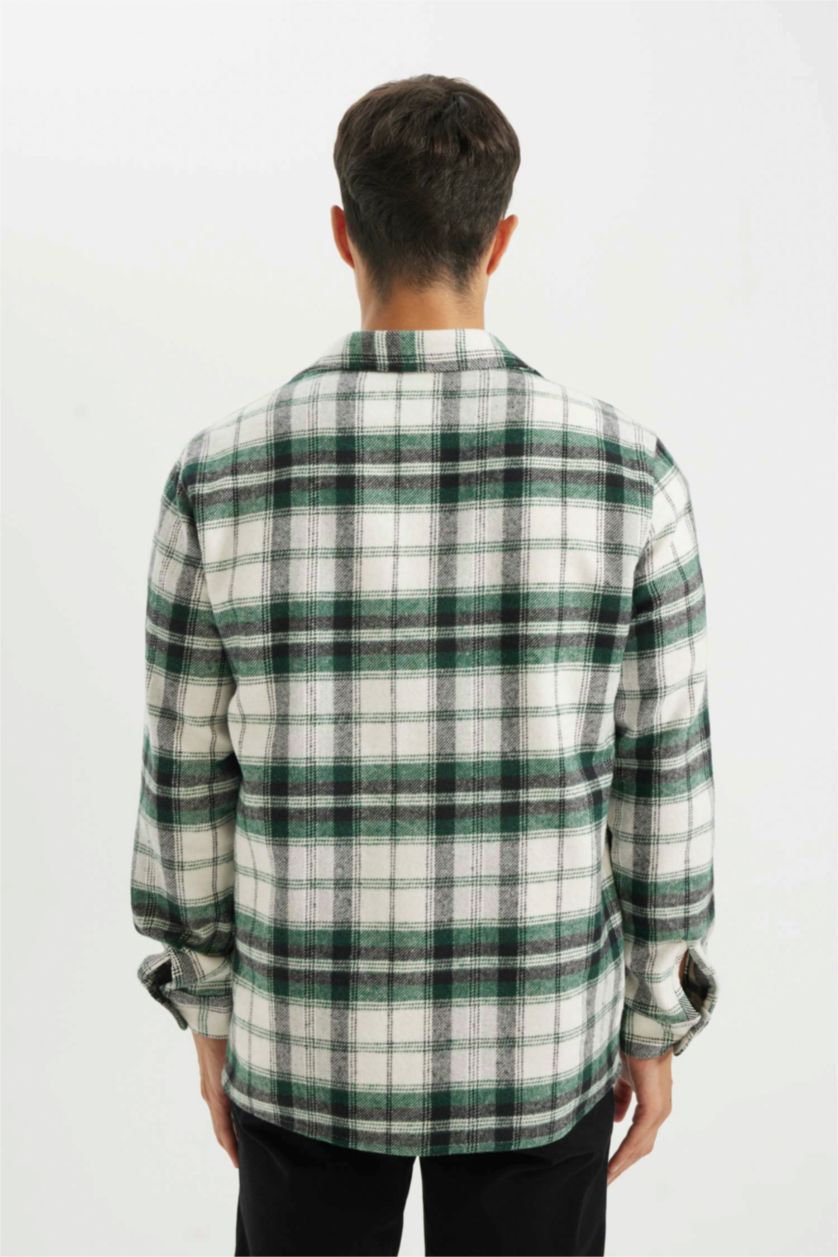 Erkek Koyu Yeşil Regular Fit Düğmeli Polo Yaka Kareli Oduncu Flanel Uzun Kollu Gömlek