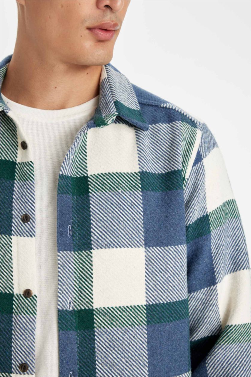 Ерлер индиго поло жаға чек фланель Ұзын жеңді көйлек