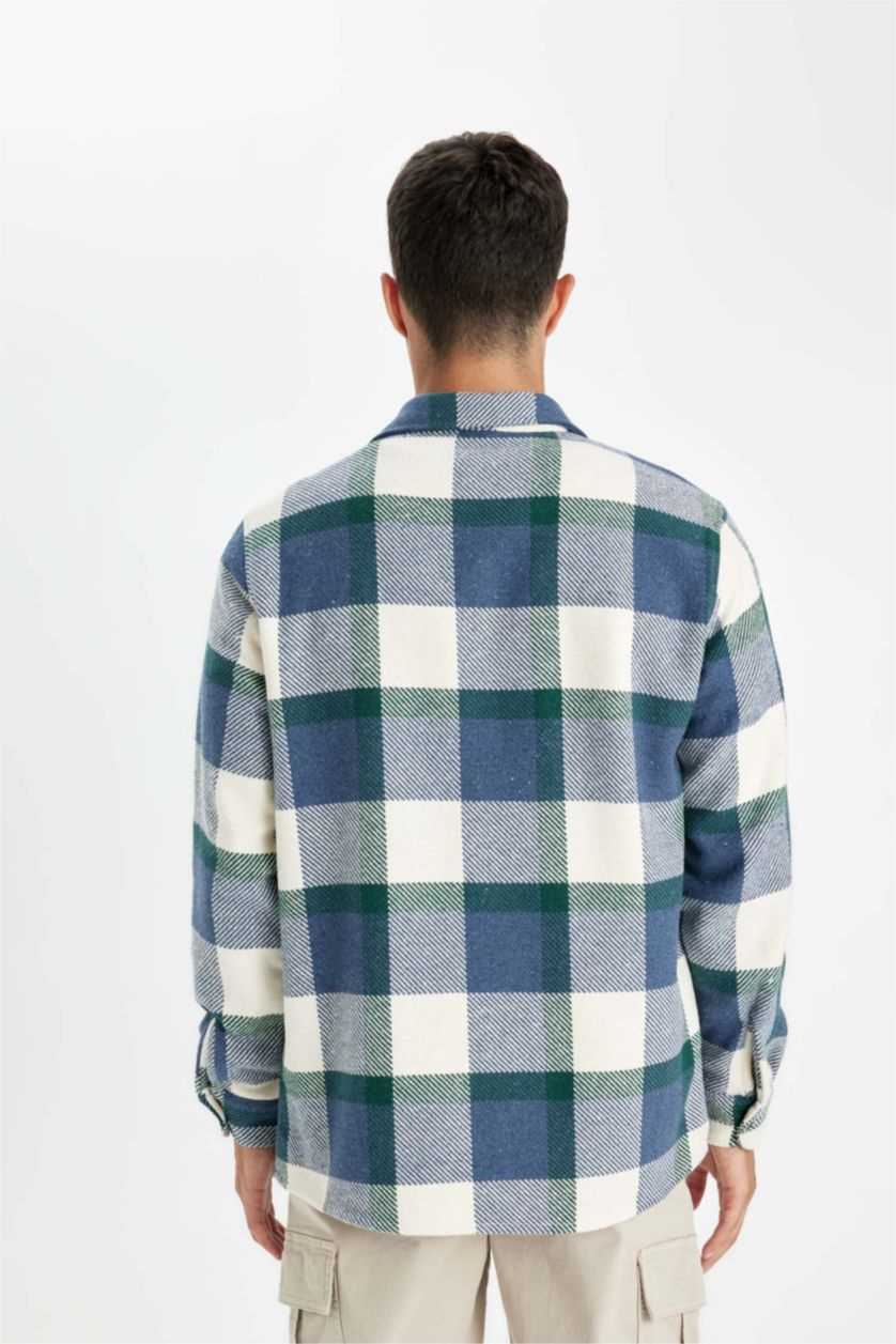 Ерлер индиго поло жаға чек фланель Ұзын жеңді көйлек