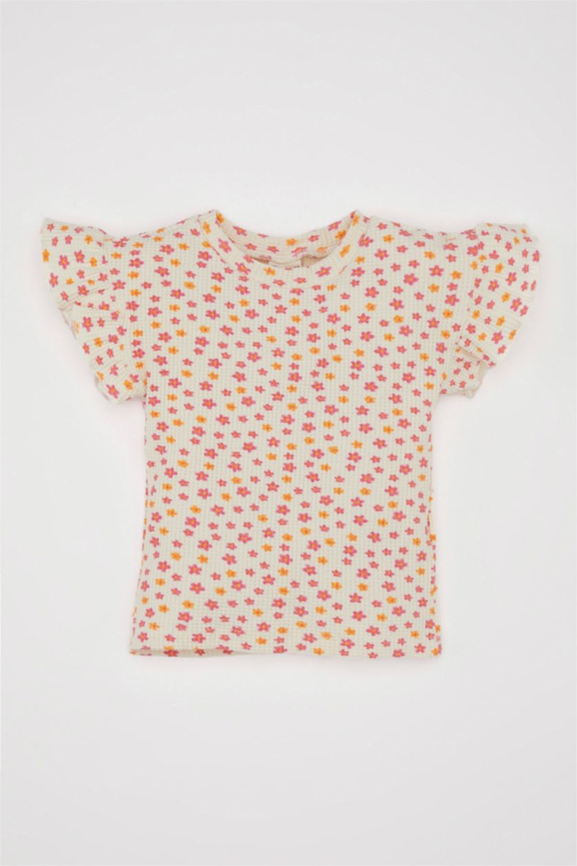 Kız Bebek Ekru Bisiklet Yaka Çiçekli Waffle Kısa Kollu Tişört Kız Bebek