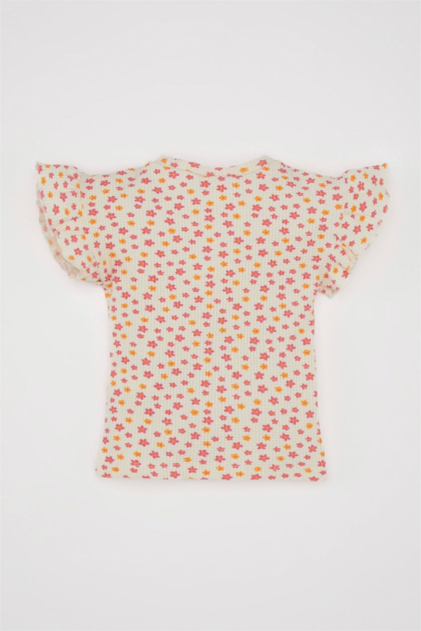 Kız Bebek Ekru Bisiklet Yaka Çiçekli Waffle Kısa Kollu Tişört Kız Bebek