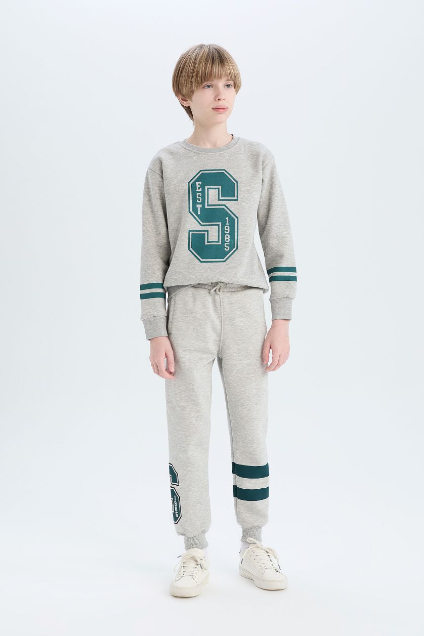 Erkek Çocuk - Genç Erkek Gri Melanj Bisiklet Yaka Baskılı Sweatshirt Erkek Çocuk