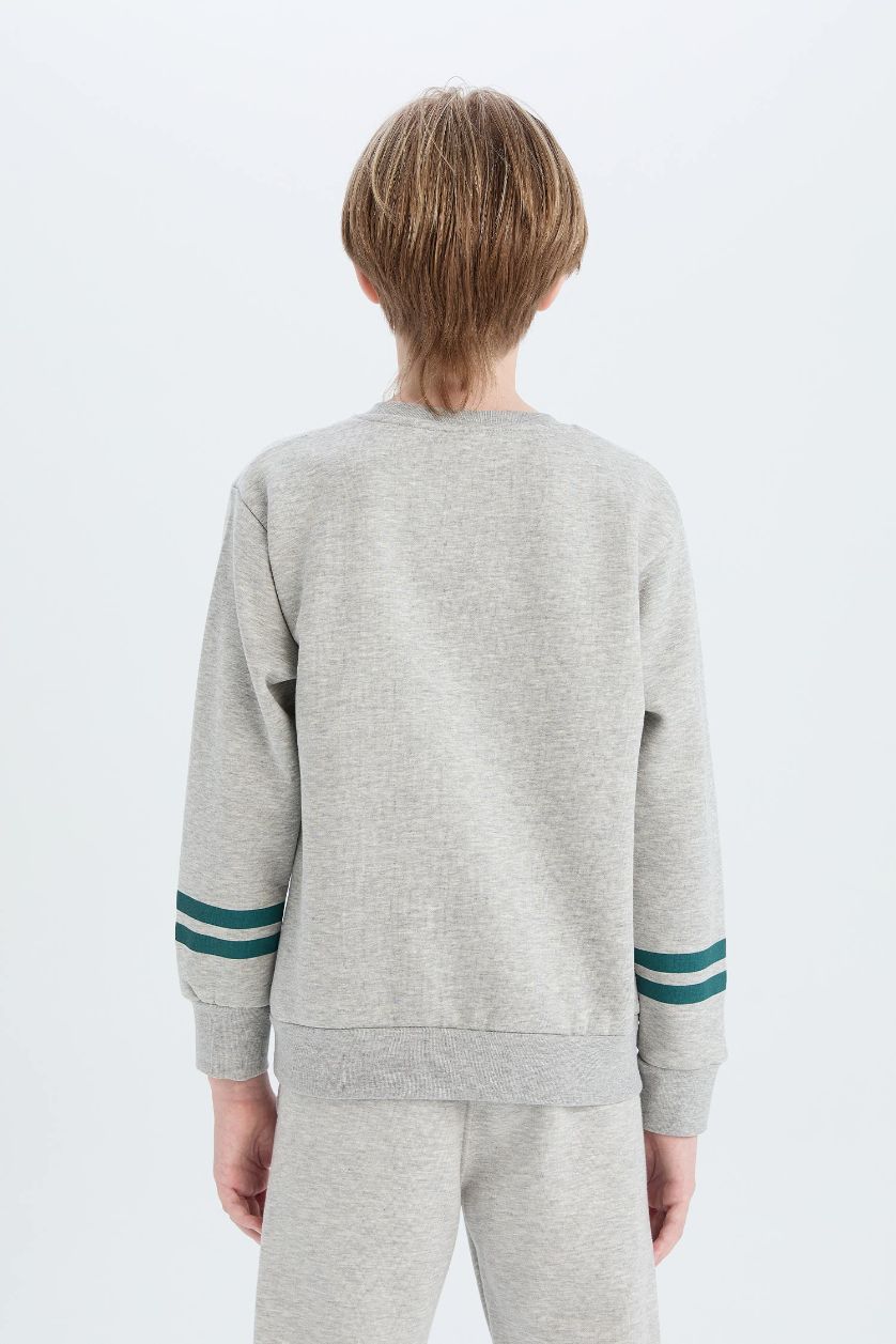 Erkek Çocuk - Genç Erkek Gri Melanj Bisiklet Yaka Baskılı Sweatshirt Erkek Çocuk