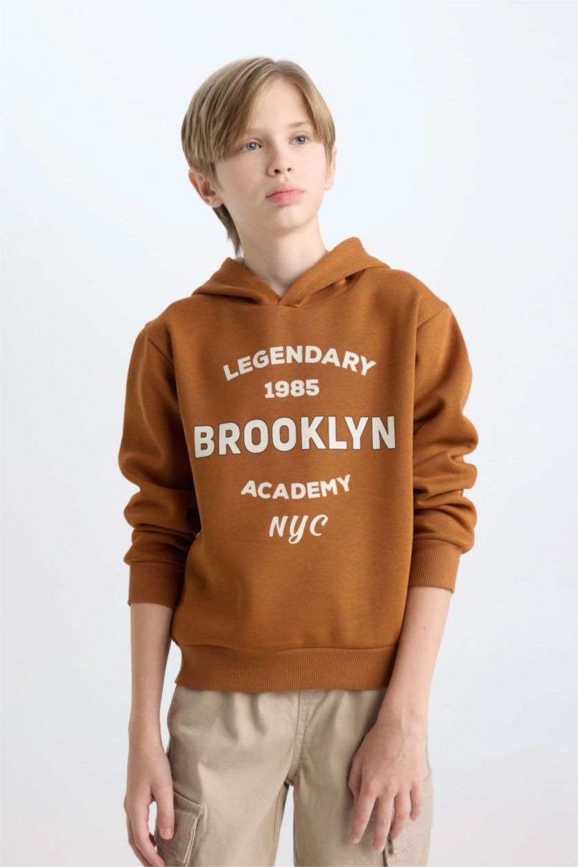 Erkek Çocuk - Genç Erkek Camel Erkek Çocuk Kapüşonlu Baskılı Sweatshirt