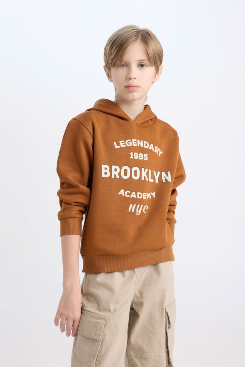 Erkek Çocuk - Genç Erkek Camel Erkek Çocuk Kapüşonlu Baskılı Sweatshirt