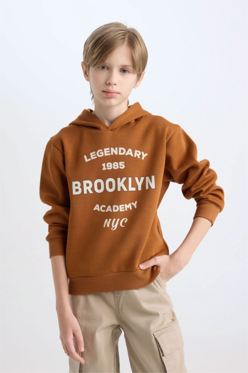 Erkek Çocuk - Genç Erkek Camel Erkek Çocuk Kapüşonlu Baskılı Sweatshirt