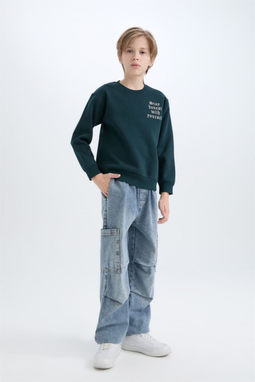 Erkek Çocuk - Genç Erkek Koyu Yeşil Erkek Çocuk Bisiklet Yaka Baskılı Sweatshirt