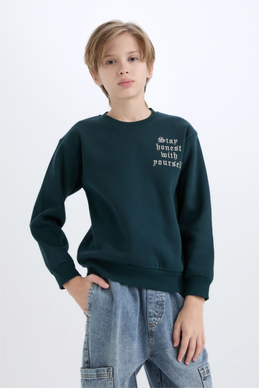 Erkek Çocuk - Genç Erkek Koyu Yeşil Erkek Çocuk Bisiklet Yaka Baskılı Sweatshirt
