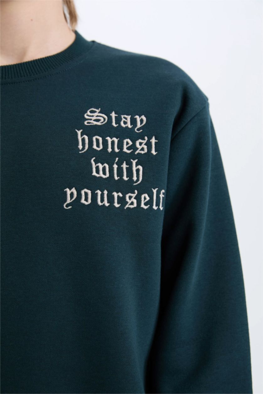 Erkek Çocuk - Genç Erkek Koyu Yeşil Erkek Çocuk Bisiklet Yaka Baskılı Sweatshirt