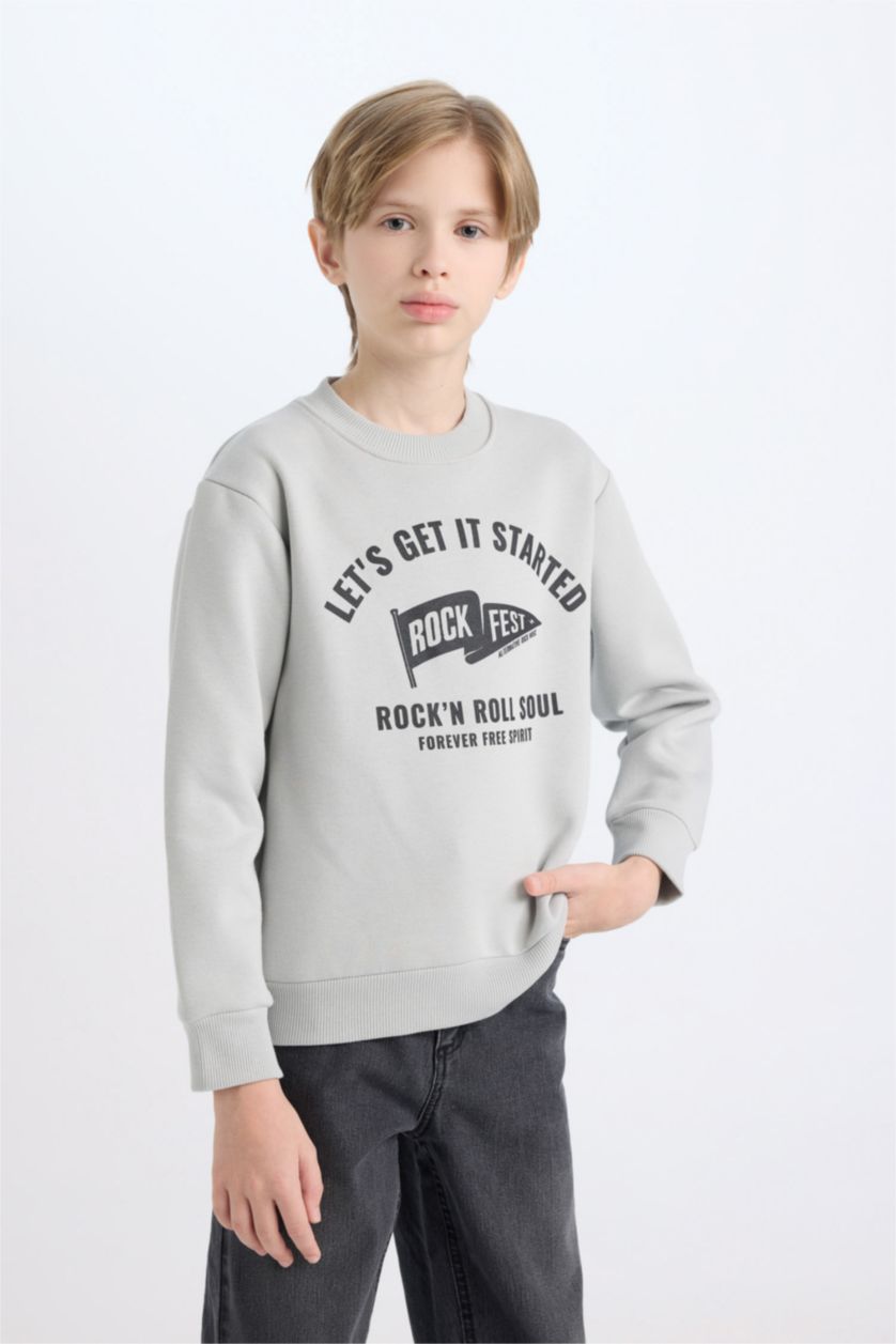 Erkek Çocuk - Genç Erkek Açık Gri Erkek Çocuk Bisiklet Yaka Baskılı Sweatshirt