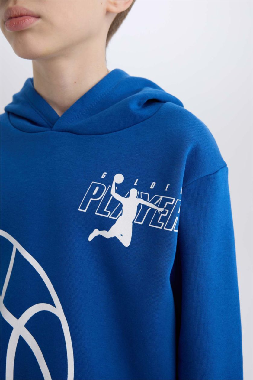 Erkek Çocuk - Genç Erkek Koyu Mavi Erkek Çocuk Kapüşonlu Spor Baskılı Sweatshirt