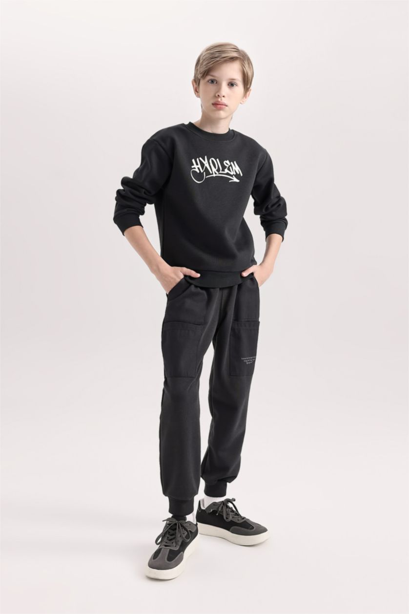 Erkek Çocuk - Genç Erkek Koyu Antrasit Erkek Çocuk Bisiklet Yaka Sırt Baskılı Sweatshirt