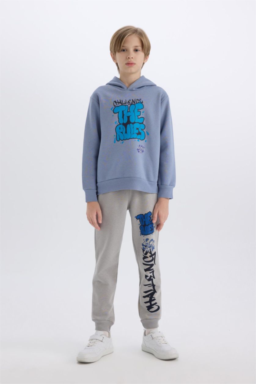 Erkek Çocuk - Genç Erkek Mavi Kapüşonlu Baskılı Sweatshirt Erkek Çocuk