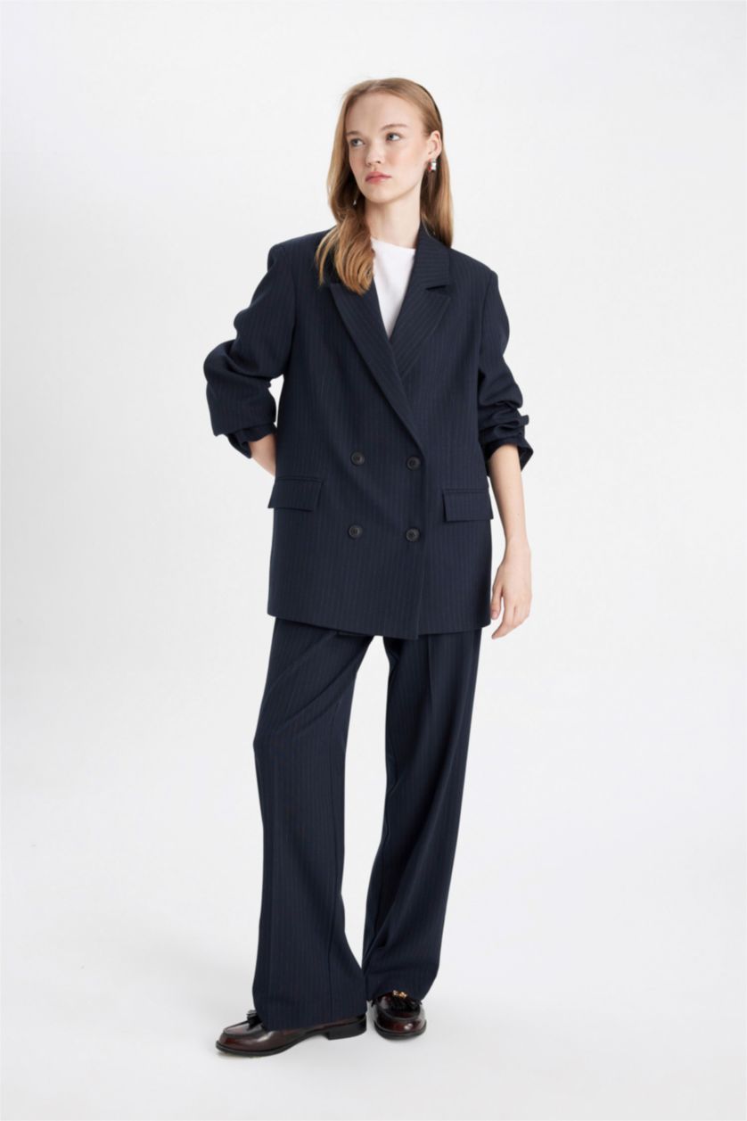 نساء كحلي بنطلون مخطط وايد ليج برجل واسع وخصر عادي