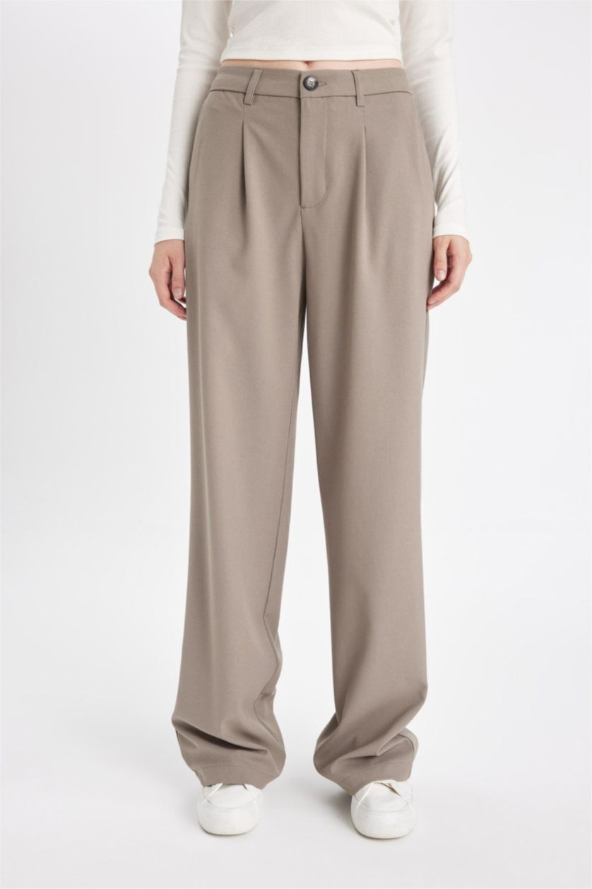 FEMME Beige Pantalon Taille haute à jambes larges avec poches