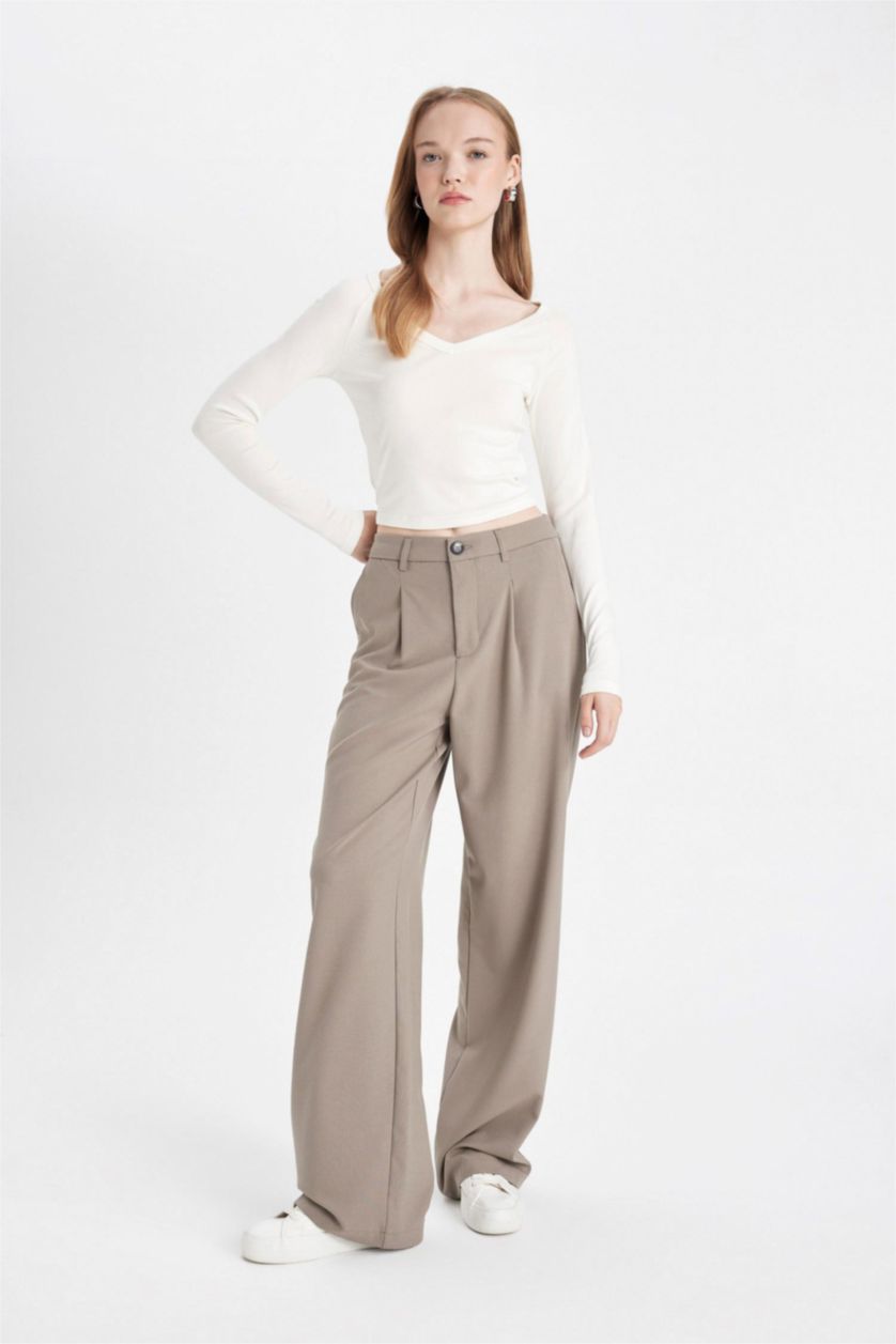 FEMME Beige Pantalon Taille haute à jambes larges avec poches