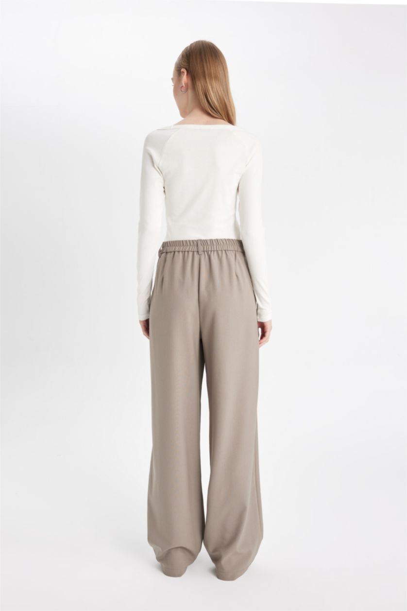 FEMME Beige Pantalon Taille haute à jambes larges avec poches